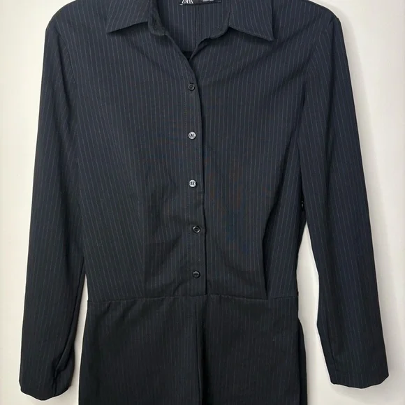 Zara Black Pinstriped Short Jumpsuit Romper Business Casual - Picture 5 of 7